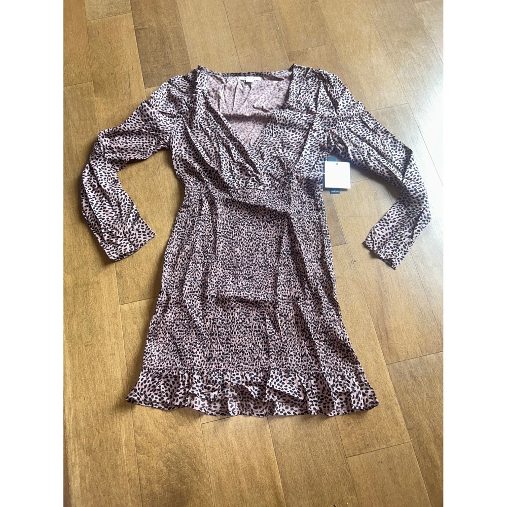 O'Neill Women Cheetah Print Smocked Waist Mini Dress Viscose Black Long Sleeve M